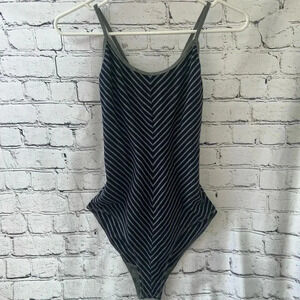 Lemon and Bloom Grey and Navy Blue Striped Criss Cross‎ Body Suit Juniors Large